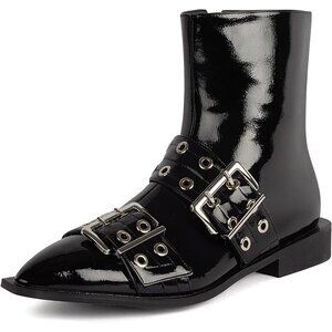 🆕Women's Gothic Metal Eyelets Buckle Ankle Booties, Pointed Toe Chunky Low Heel